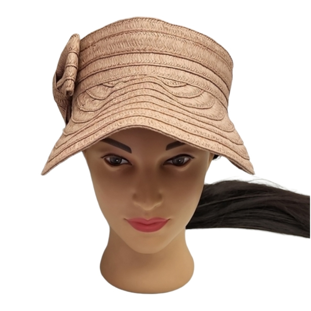 BETSEY JOHNSON Blush Mauve Paper Hat Cabow Cutie Straw Sun Visor Wide Brim - Picture 3 of 16